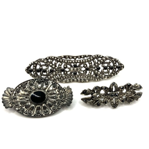 Brooch Victorian Revival Brooch 3 Black Silver tone - Picture 1 of 11
